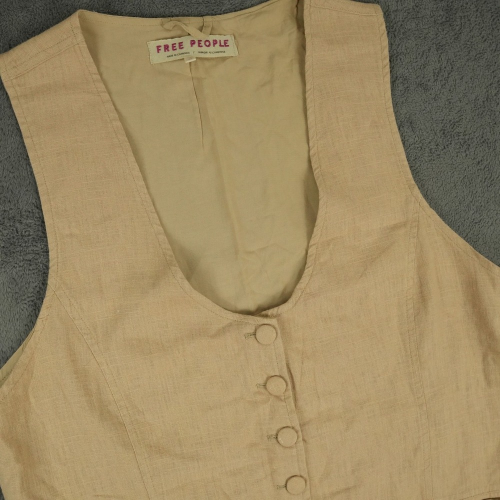 Free People Millie Vest Womens XL Beige Linen Blend Button Front Tailored Boho